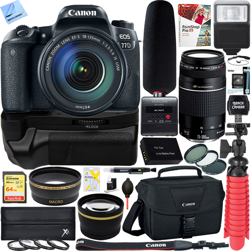 Canon EOS 77D DSLR Camera + 18-135mm & 75-300mm Dual Lens Tascam Video Creator Bundle