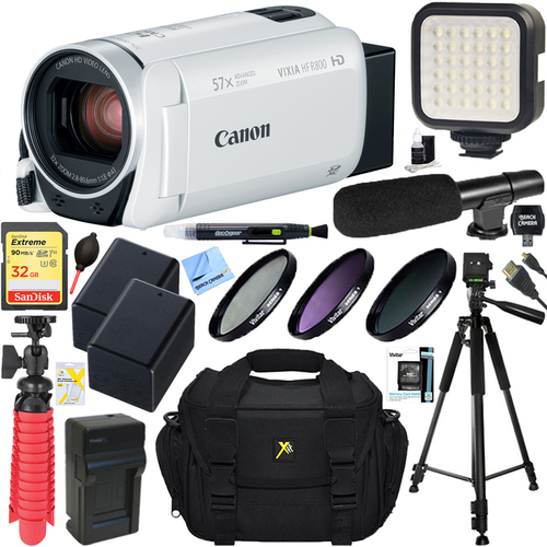 Canon VIXIA HF R800 Camcorder (White) + 32GB Memory & Deluxe Microphone Bundle