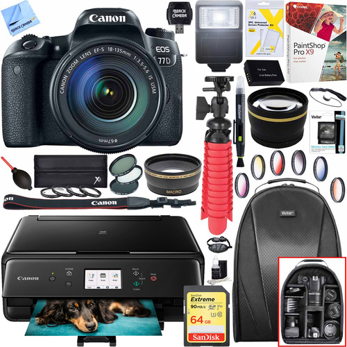 Canon EOS 77D DSLR Camera w/EF-S 18-55mm Lens + Canon PIXMA Printer Kit