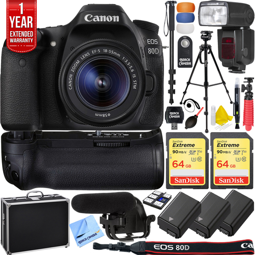 Canon EOS 80D DSLR Camera w/ 18-55mm Lens Pro Memory Triple Battery Recording Bundle