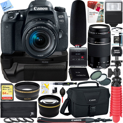 Canon EOS 77D DSLR Camera + 18-55mm & 75-300mm Dual Lens Tascam Video Creator Bundle