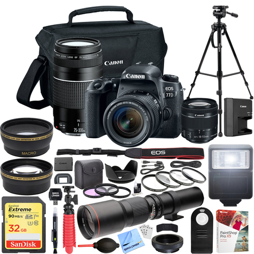 Canon EOS 77D 24.2 MP DSLR Camera with 18-55mm + 75-300mm Dual Lens Kit Pro Bundle