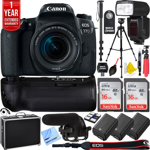 Canon EOS 77D DSLR Camera w/ EF-S 18-55mm Lens Triple Battery Recording Bundle