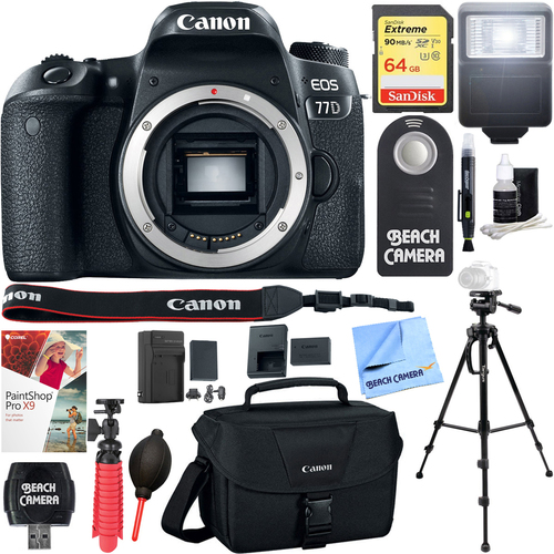 Canon EOS 77D 24.2 MP CMOS (APS-C) DSLR Camera Body w/ Case 64GB Memory Tripod Bundle