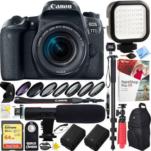 Canon EOS 77D DSLR Camera+18-55mm Lens+64GB Dual Battery & Mic Pro Video Bundle