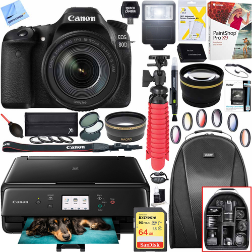 Canon EOS 80D Digital SLR Camera w/ EF-S 18-55mm Lens + Canon PIXMA Printer Kit