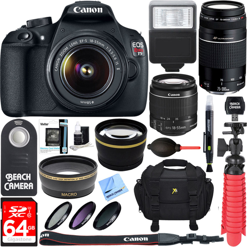 Canon EOS Rebel T5 DSLR Camera + EF-S 18-55mm & 75-300mm Lens Kit 64GB Memory Bundle