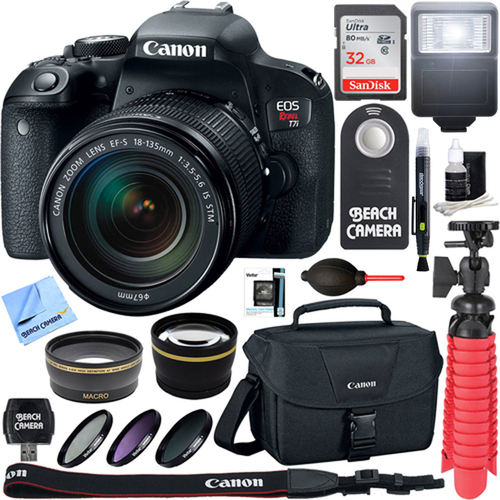Canon EOS Rebel T7i Digital SLR Camera + EF-S 18-135mm IS STM Lens Memory & Flash Kit