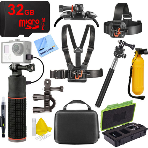Extreme Speed Action Camera Accessory Kit with Mounts, Selfie Stick, Buoy Handle, 32GB microSD