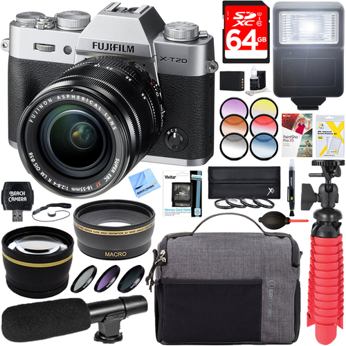 Fujifilm X-T20 Mirrorless Digital Camera (Silver) + XF 18-55mm Lens Deluxe Accessory Kit