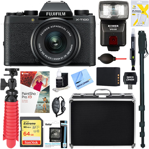 Fujifilm X-T100 Mirrorless Digital Camera w/ 15-45mm Lens + 64GB Memory & Flash Bundle