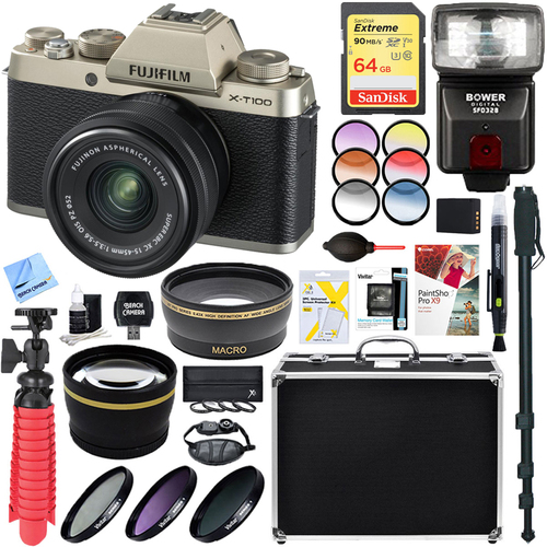 Fujifilm X-T100 Mirrorless Digital Camera +15-45mm Lens +64GB Memory & Flash Kit