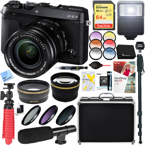Fujifilm X-E3 Mirrorless Digital Camera (Black) w/ XF 18-55mm Lens + Microphone Bundle