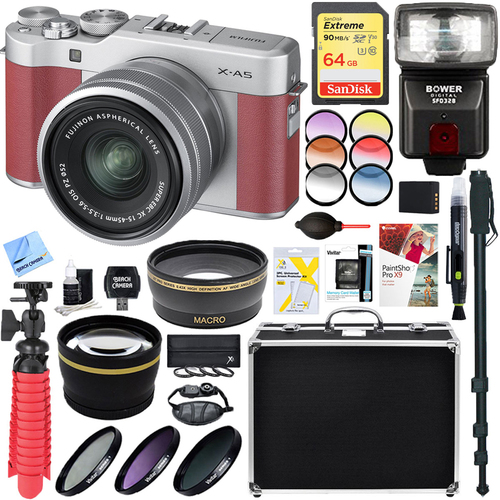 Fujifilm X-A5 Mirrorless Digital Camera 15-45mm Lens Pink + 64GB Memory & Flash Kit