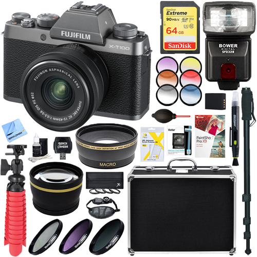 Fujifilm X-T100 Mirrorless Digital Camera +15-45mm Lens +64GB Memory & Flash Kit