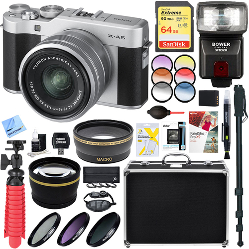 Fujifilm X-A5 Mirrorless Digital Camera 15-45mm Lens Silver + 64GB Memory & Flash Kit