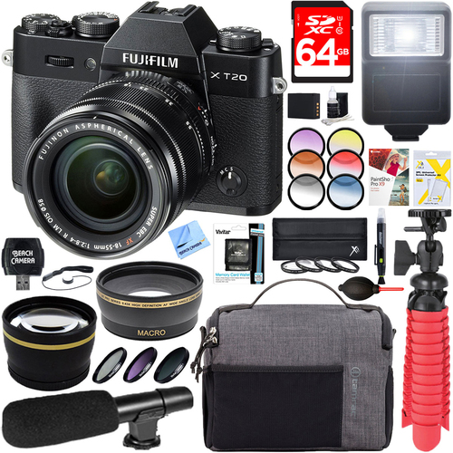 Fujifilm X-T20 Mirrorless Digital Camera (Black) + XF 18-55mm Lens Deluxe Accessory Kit