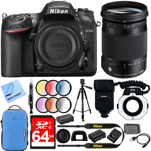 Nikon D7200 DX 24.2MP Digital HD-SLR Body + Sigma 18-300mm F3.5-6.3 Lens and Flash Kit