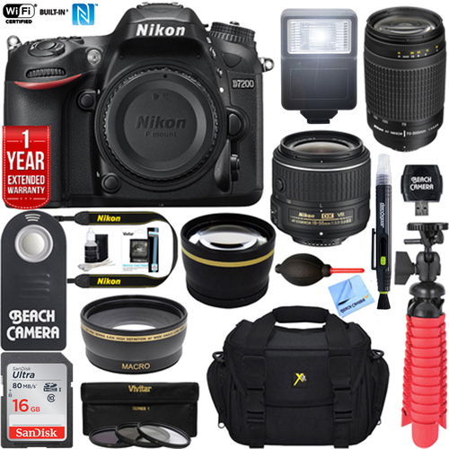 Nikon D7200 DX 24.2MP DSLR Camera Body (Certified Refurbished) +16GB Dual Lens  Bundle