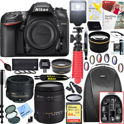 Nikon D7200 DX-Format 24.2MP Digital HD-SLR Body + 18-250mm and 50mm Lens Bundle