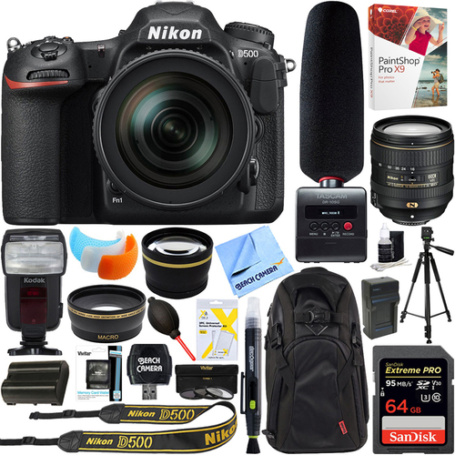 Nikon D500 20.9MP DSLR Camera + 16-80mm Lens & Tascam DR-10SG Microphone 64GB Kit