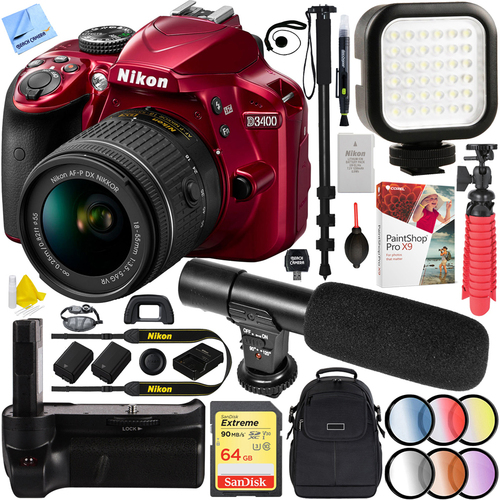 Nikon D3400 24.2 MP DSLR Camera w/ AF-P DX 18-55mm VR Lens Kit (Red) 64GB Battery Kit