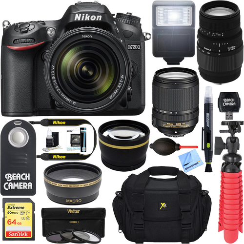 Nikon D7200 Black Digital SLR Camera with 18-140mm VR & 70-300mm Macro Lens Bundle