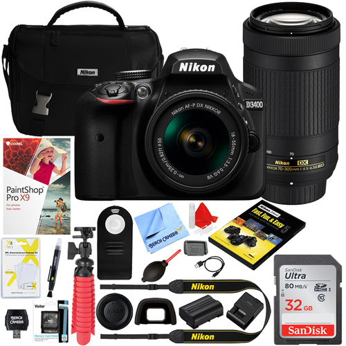 Nikon D3400 24.2MP Digital SLR Camera w/ AF-P 18-55mm VR & 70-300mm Lenses + 32GB Kit
