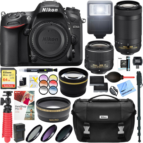 Nikon D7200 DSLR Camera with AF-P 18-55mm & 70-300mm Lens + Dual Battery Accessory Kit
