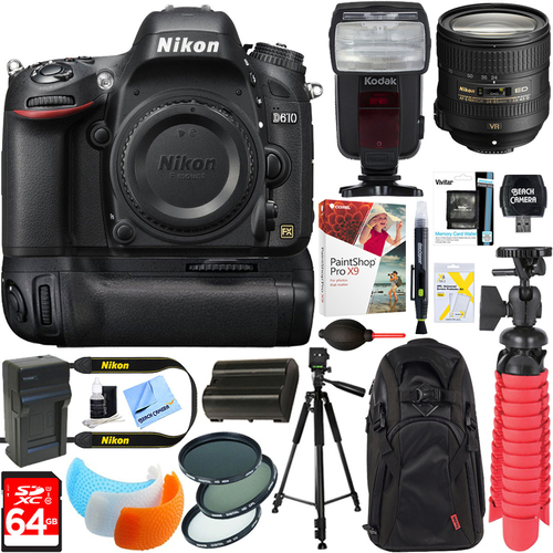 Nikon D610 24.3MP Digital SLR Camera + 24-85mm Lens Deluxe Battery Grip Accessory Kit