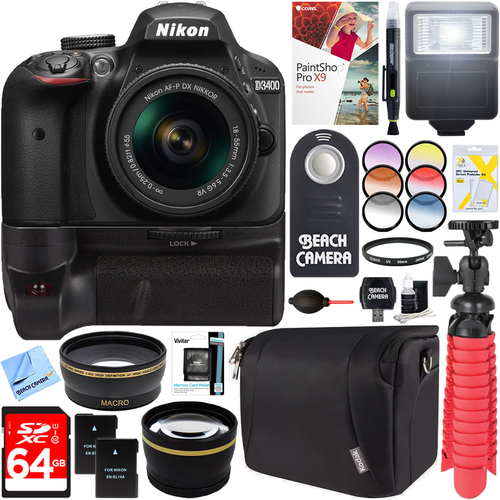 Nikon D3400 DSLR Camera with 18-55mm VR Lens (Black) + 64GB Battery Grip Accessory Kit