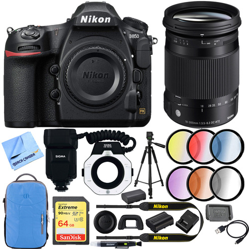 Nikon D850 FX-Format DSLR Camera Black (Body) + Sigma 18-300mm Lens and Flash Kit