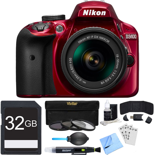 Nikon D3400 24.2 MP DSLR Camera w/ AF-P DX 18-55mm VR Lens Kit (Red) Bundle
