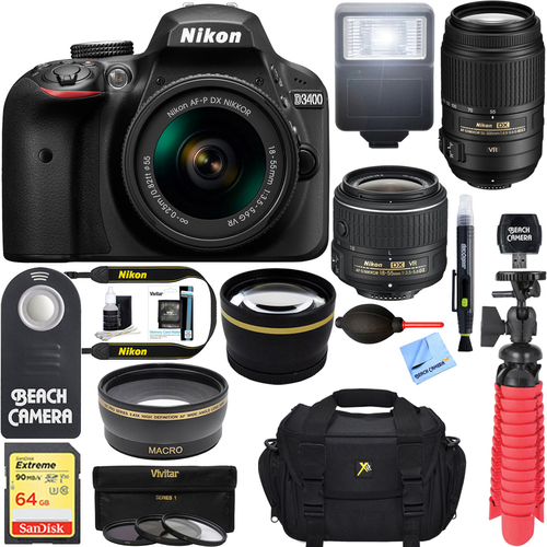 Nikon D3400 DSLR Camera w/ AF-P DX 18-55mm & 55-300mm VR Lens Accessory Bundle