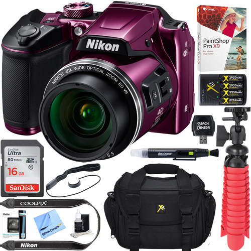 Nikon COOLPIX B500 16MP Digital Camera (Plum) +Accessory Bundle, Certified Refurbished