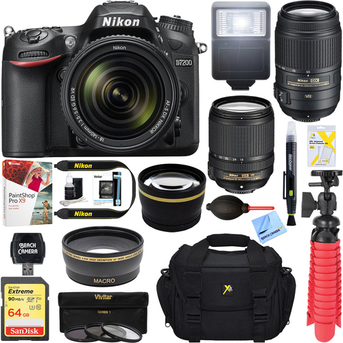 Nikon D7200 DX-format Black DSLR Camera + 18-140mm & 55-300mm ED VR Dual Lens Bundle