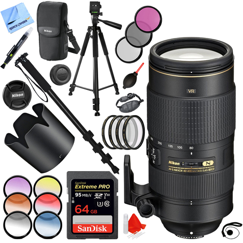 Nikon AF-S NIKKOR 80-400mm f.4.5-5.6G ED VR Lens + 64GB + 77mm Filters Kit