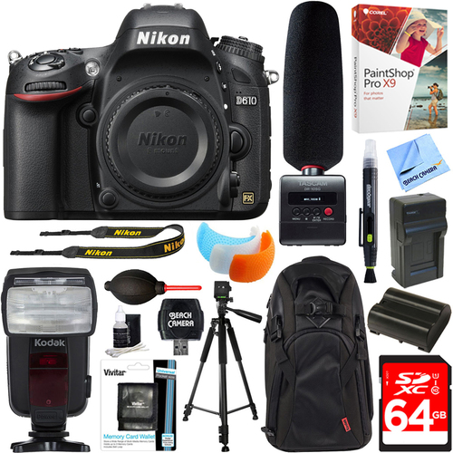 Nikon D610 24.3MP DSLR Camera Body + Tascam DR-10SG Recorder & Microphone 64GB Kit