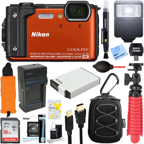 Nikon COOLPIX W300 16MP 4k UHD Digital Camera Orange Refurbished + 16GB & Flash Bundle