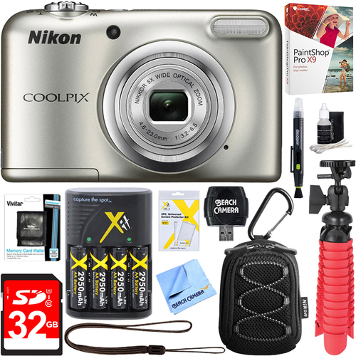 Nikon COOLPIX A10 16.1MP Digital Camera (Silver) + 32GB Deluxe Battery & Accessory Kit