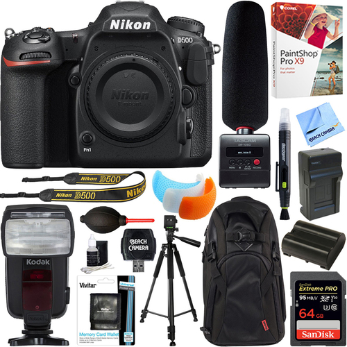 Nikon D500 20.9MP DSLR Camera Body + Tascam DR-10SG Recorder & Microphone 64GB Kit