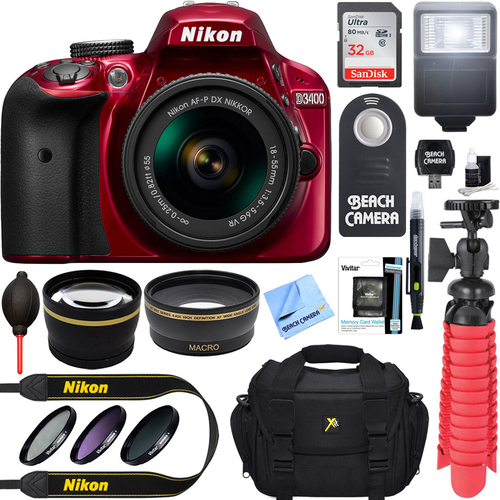 Nikon D3400 24.2 MP DSLR Camera w/ AF-P DX 18-55mm VR Lens Kit + Memory Bundle (Red)