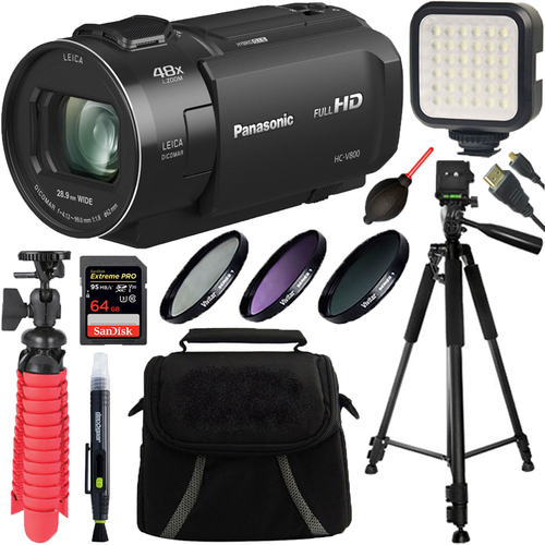 Panasonic Full HD Camcorder w/ 24x LEICA DICOMAR Lens (Black) HC-V800 + 64GB Accessory Kit