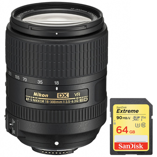 Nikon AF-S DX NIKKOR 18-300mm f/3.5-6.3G ED VR Zoom Lens + 64GB Memory Card