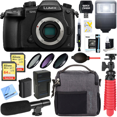 Panasonic LUMIX GH5 Mirrorless Digital Camera Body + 64GB Dual Memory & Microphone Kit