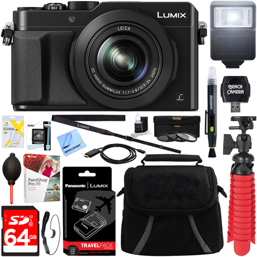 Panasonic LX100 LUMIX Integrated Leica DC Lens Black Camera + 64GB Memory & Travel Bundle