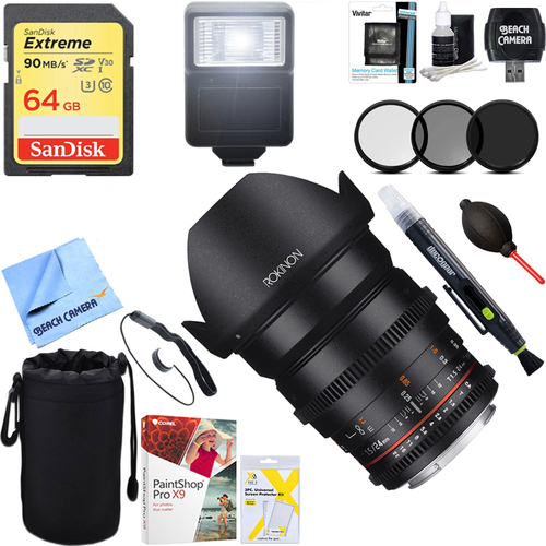 Rokinon DS 24mm T1.5 Full Frame Wide Angle Cine Lens for Sony+64GB Ultimate Kit