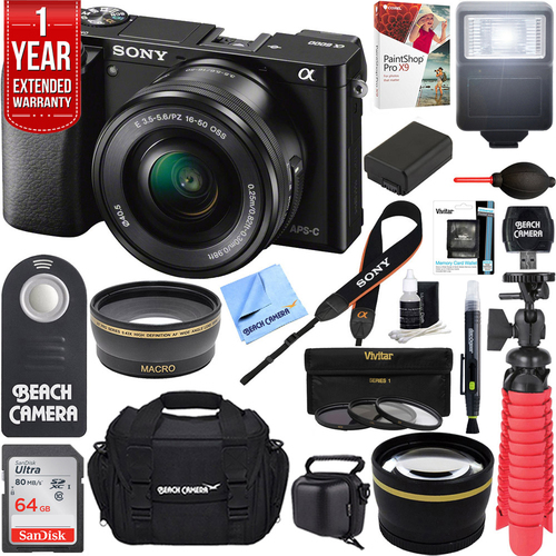 Sony Alpha a6000 24.3MP Mirrorless Camera 16-50mm Power Zoom Lens 64GB Accessory Kit
