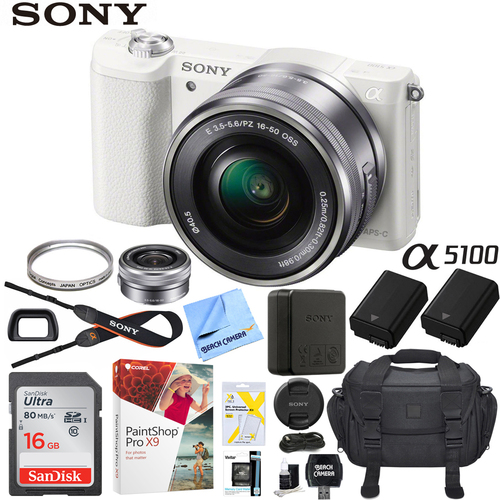Sony Alpha a5100 24MP Mirrorless Digital Camera White w/ 16-50mm Lens Pro Bundle