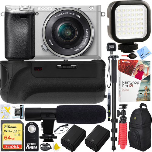Sony a6300 4K Mirrorless Camera Silver+16-50mm Lens Battery Grip & Mic Pro Video Kit